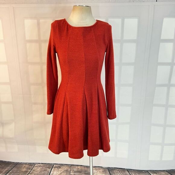 Dolan Anthropologie Long Sleeve Pleated Fit & Flare Burnt Orange Dress XS - Picture 1 of 10